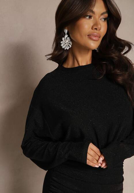 Czarna Dopasowana Sukienka z Wiskozą Ozdobiona Cyrkoniami i Marszczeniem Maninna