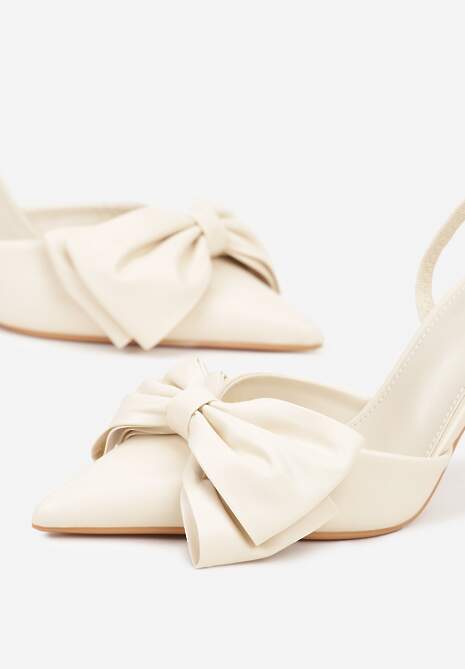 Beżowe Sandały na Szpilce Slingback Ozdobione Kokardą Terrafera
