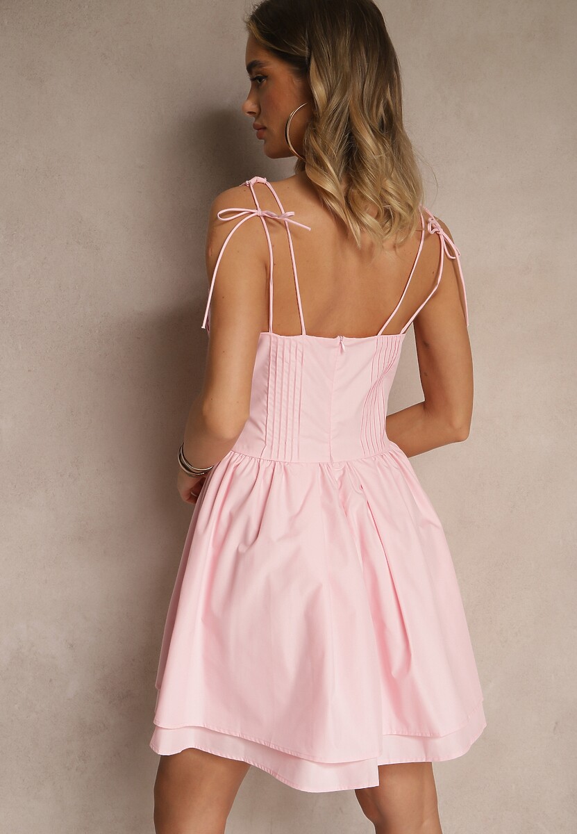 Różowa Rustykalna Sukienka Vices z Bawełny Zdobiona Wiązaniem Fenirelle