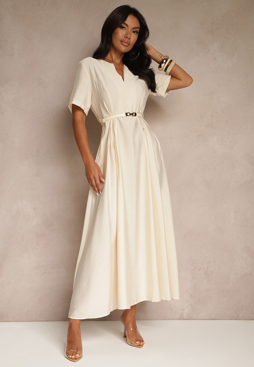 Beżowa Rozkloszowana Sukienka z Lnu i Wiskozy z Paskiem ze Sprzączką Linoretia