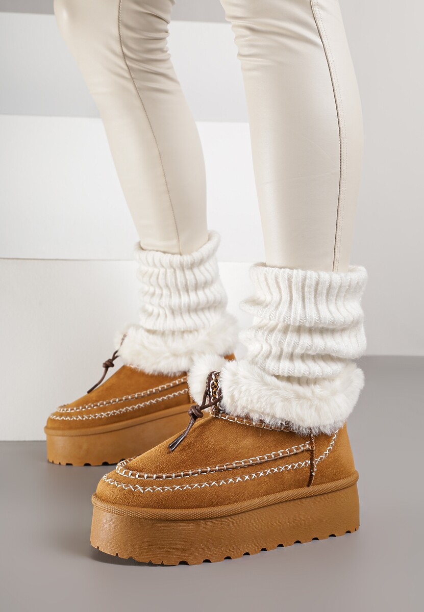 Brązowe Śniegowce na Platformie Ozdobione Futerkiem i Przeszyciami Linerva