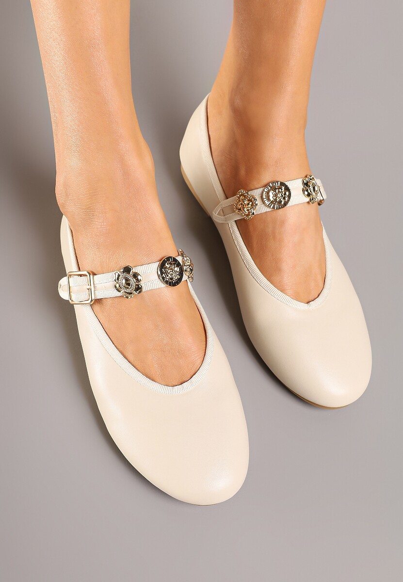 Beżowe Balerinki Mary Jane Ozdobione Paskiem Ovanne