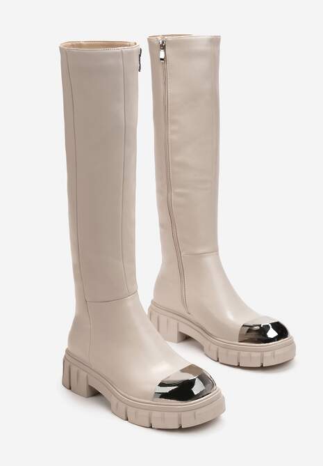 Beżowe Kozaki z Metalicznym Noskiem na Platformie Billiesa