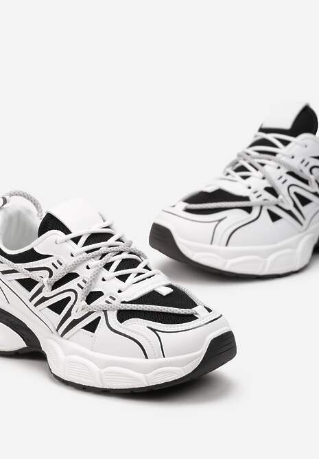 Biało-Czarne Sneakersy z Siateczką na Podeszwie z Wycięciami i Ozdobnym Wiązaniem Dorila