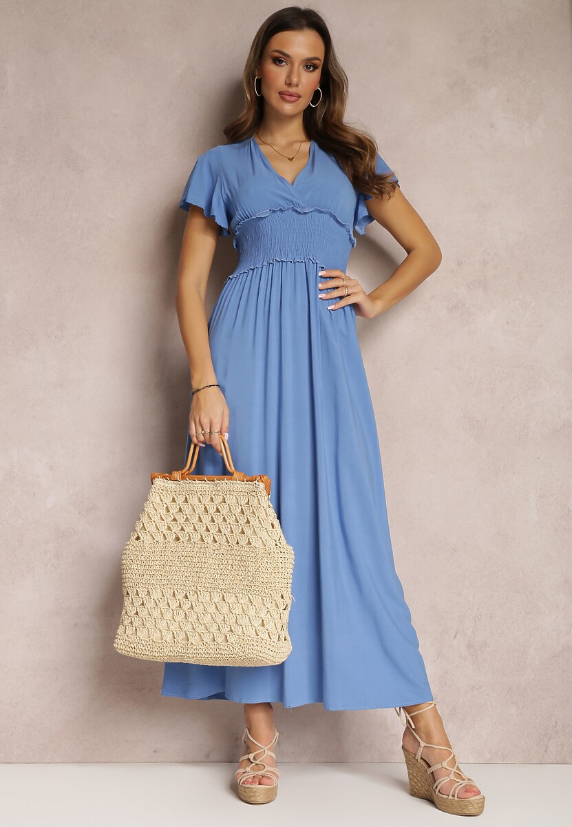 Niebieska Wiskozowa Sukienka z Kopertowym Dekoltem i Gumką w Pasie Shura