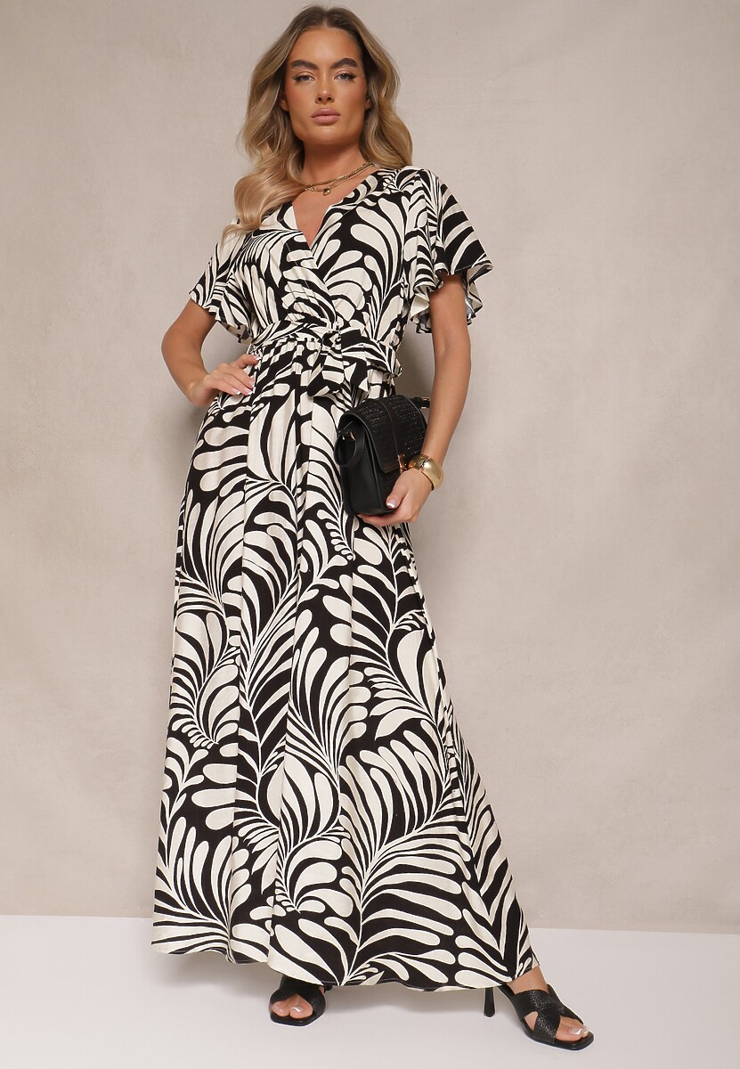 Czarna Kopertowa Sukienka z Wiskozy Zdobiona Printem z Motywem Roślinnym Dinea