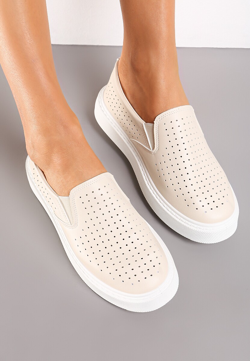 Beżowe Ażurowe Tenisówki Wsuwane na Platformie Biafa