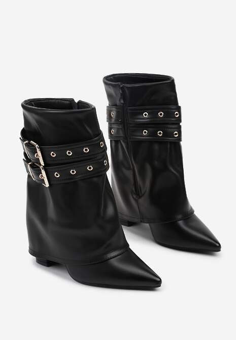 Czarne Botki Kowbojki na Słupku Ozdobione Klamrami i Wywiniętą Cholewką Codvire