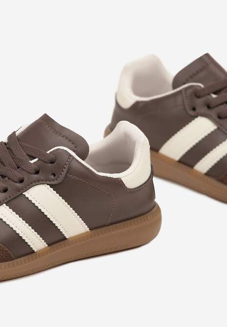 Brązowe Casualowe Sneakersy na Płaskiej Podeszwie z Paskami Jereria