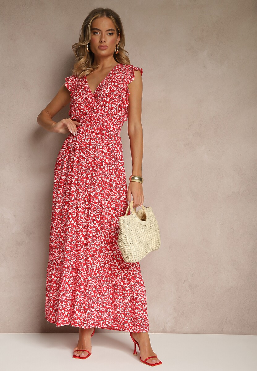 Czerwona Rozkloszowana Sukienka Zdobiona Falbanami i Kwiatowym Printem Aravee