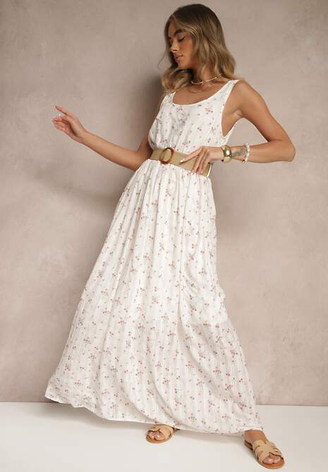 Biała Kwiatowa Sukienka o Rozkloszowanym Kroju z Paskiem z Plecionki Iffonvia