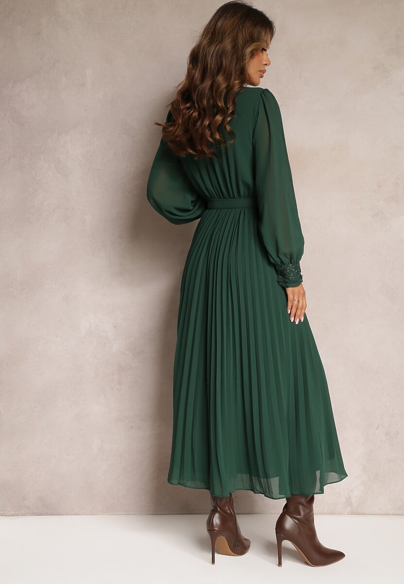 Ciemnozielona Plisowana Sukienka Maxi z Koronką i Paskiem Venila