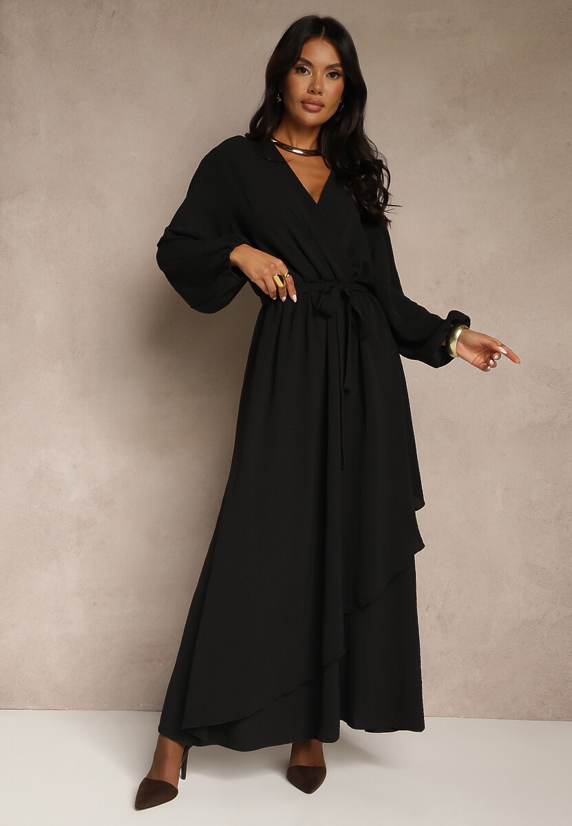 Czerwona Asymetryczna Koktajlowa Sukienka z Wiskozą Kopertowym Dekoltem i Paskiem Laniea