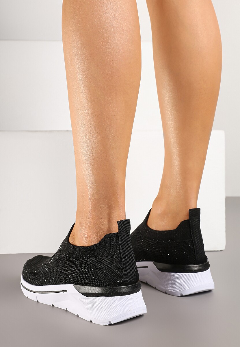 Czarne Buty Sportowe z Cholewką przed Kostkę z Miękkiego Materiału Ozdobione Cyrkoniami Telianisa