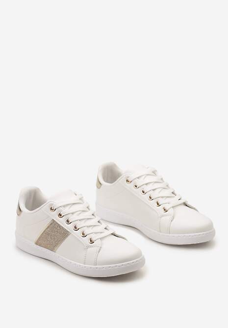 Biało-Złote Sneakersy Sznurowane Ozdobione Brokatem Vistasta