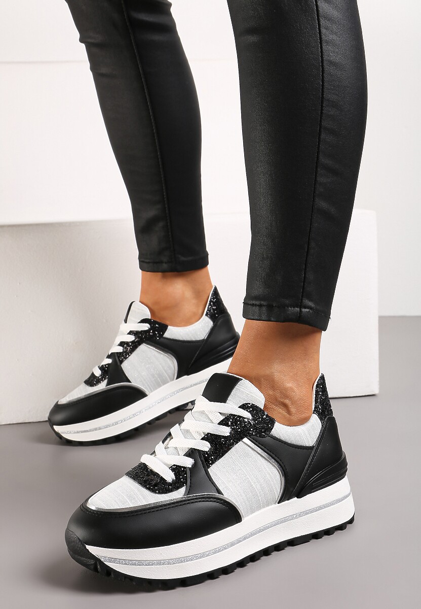 Czarno-Białe Sneakersy na Platformie ze Wstawkami z Brokatu Ovilia