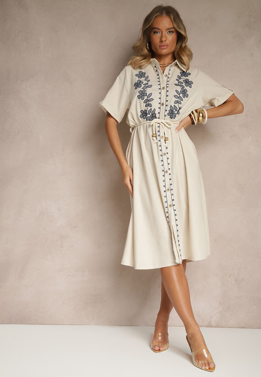 Beżowa Koszulowa Sukienka z Bawełny z Ozdobnym Haftem Saviressa