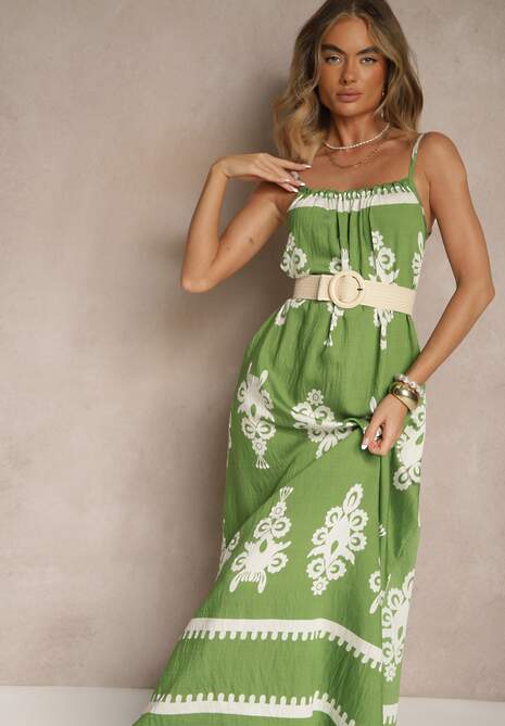 Zielona Rozkloszowana Sukienka na Ramiączkach w Ornamentalny Print Reveleine