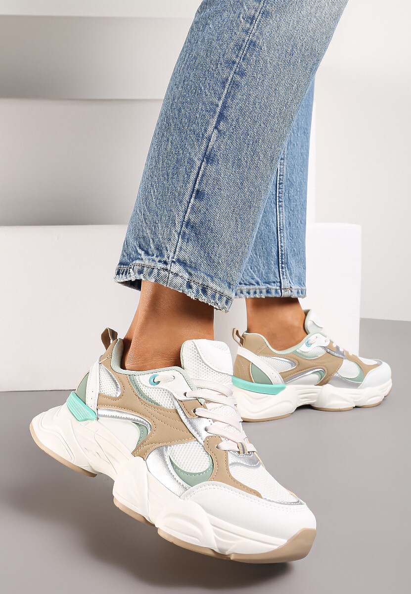 Biało-Czarne Sneakersy ze Wstawkami Metalicznymi i Siateczką na Grubej Podeszwie Riliera