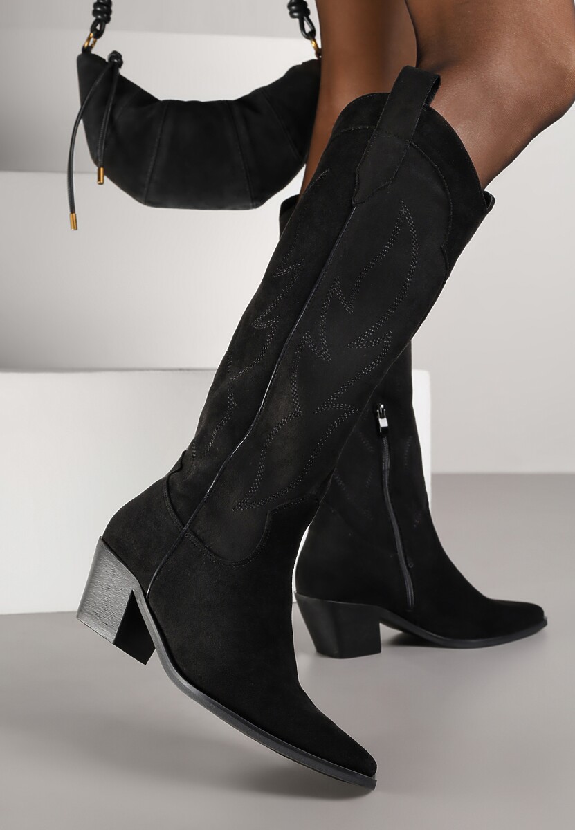 Ciemnobeżowe Haftowane Kozaki Kowbojki na Stożkowym Obcasie Galianna