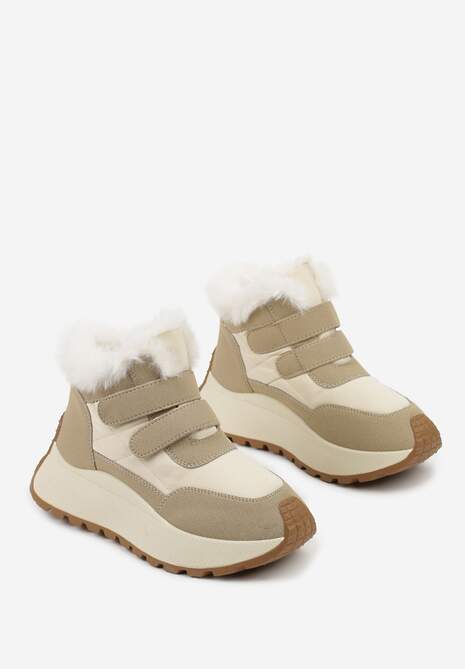 Beżowe Sneakersy Śniegowce Vices z Futerkiem na Platformie Zapinane na Rzep Nelosena