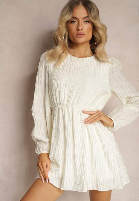 Jasnobeżowa Sukienka z Długim Rękawem o Rozkloszowanym Kroju z Gumką w Talii Kiofina