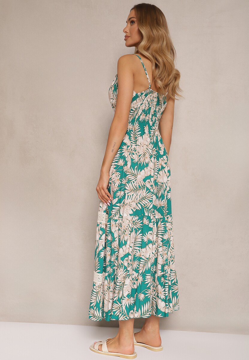 Zielona Rozkloszowana Sukienka z Bawełny w Tropikalny Print z Koronką Alulora