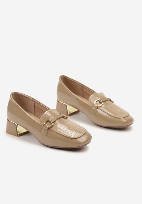 Ciemnobeżowe Lakierowane Półbuty na Słupkowym Obcasie z Klamerką i Cyrkoniami Iloenni