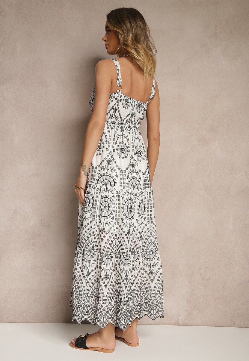 Czarno-Biała Sukienka z Bawełny z Haftowanym Wzorem Sadiralle