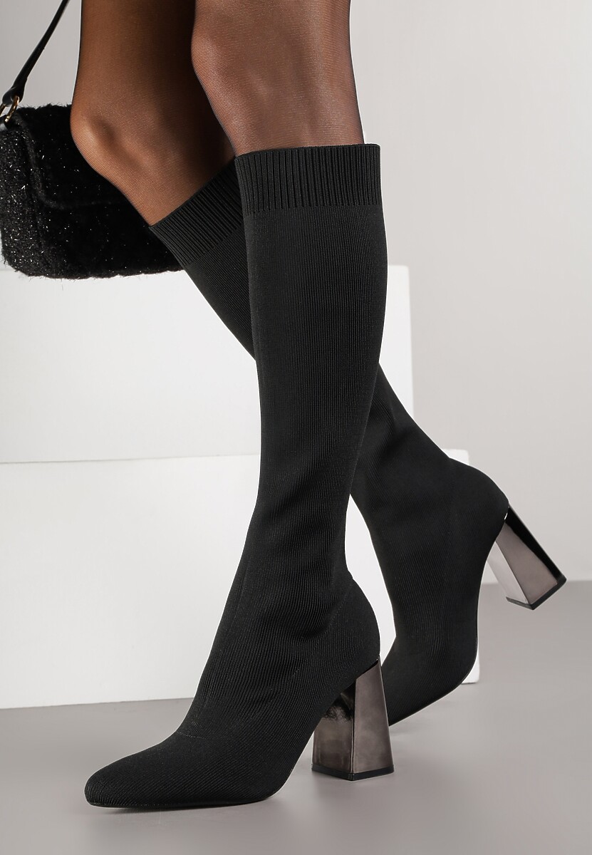 Czarne Skarpetkowe Kozaki VICES do Kolana na Metalicznym Słupku Rafenna