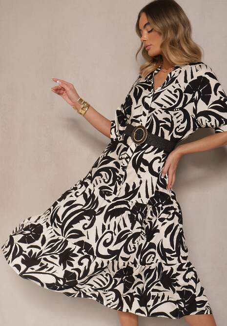 Czarna Rozkloszowana Sukienka z Wiskozy Ozdobiona Falbaną Filesenia