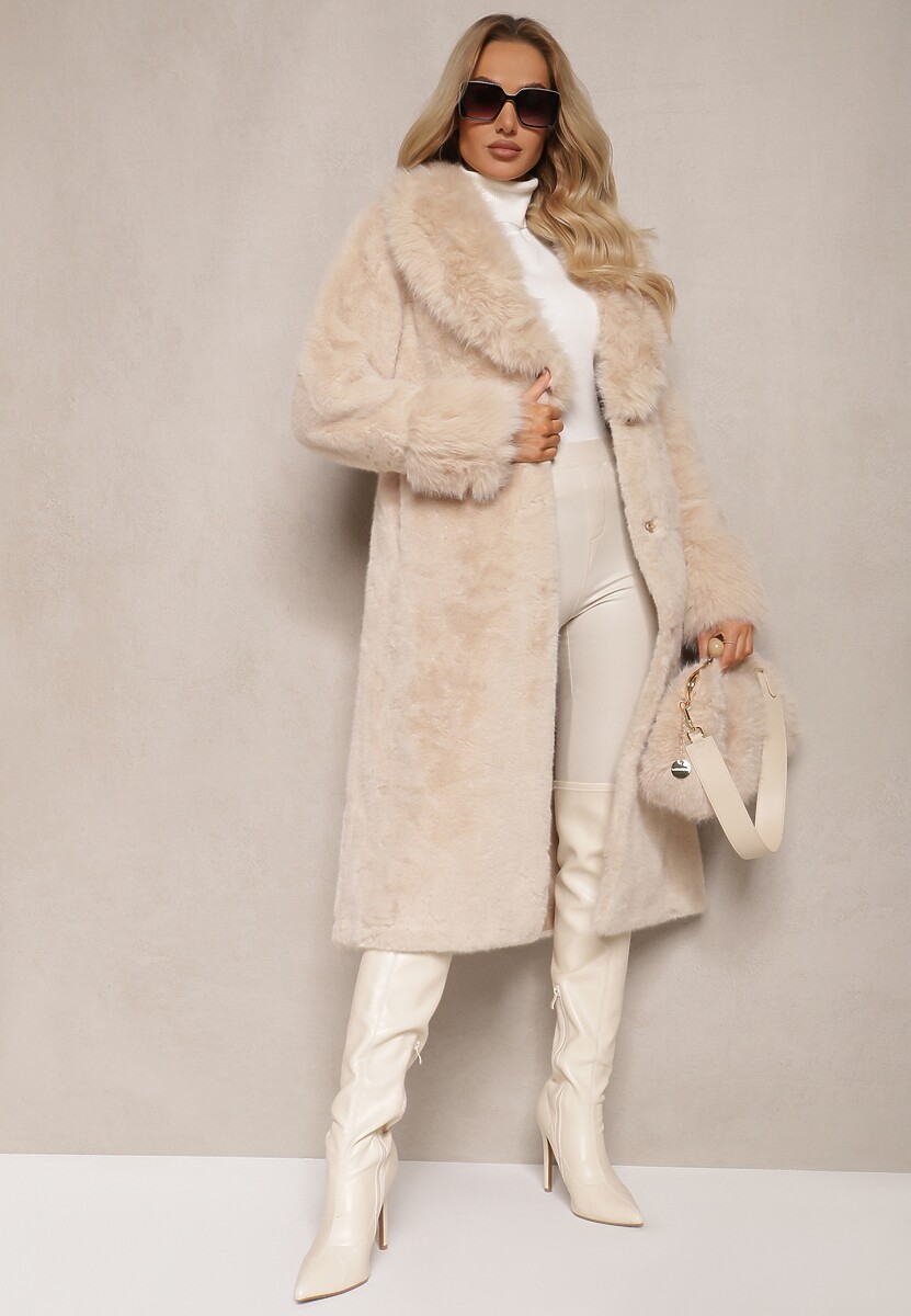 Beżowy Futrzany Płaszcz z Wiązanym Paskiem Ozdobnym Kołnierzem i Mankietami Viaressa