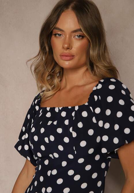 Granatowa Sukienka Hiszpanka Vices w Kropki o Rozkloszowanym Kroju Zilua