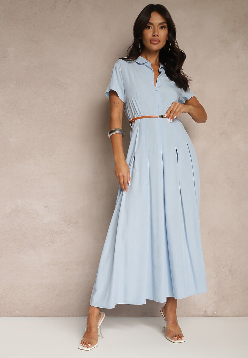 Niebieska Koszulowa Sukienka z Wiskozy z Cienkim Paskiem Filanella