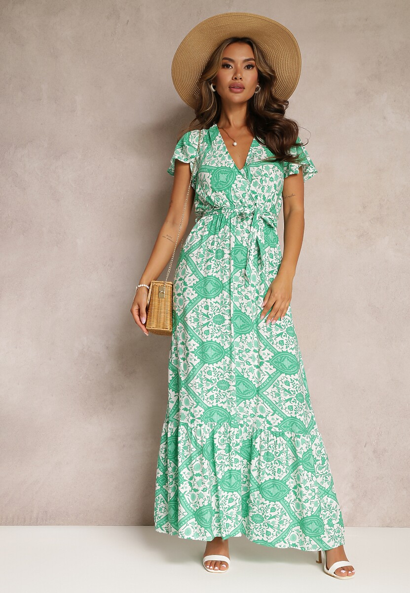 Zielona Rozkloszowana Sukienka z Kopertowym Dekoltem i Wiązanym Paskiem Brynis