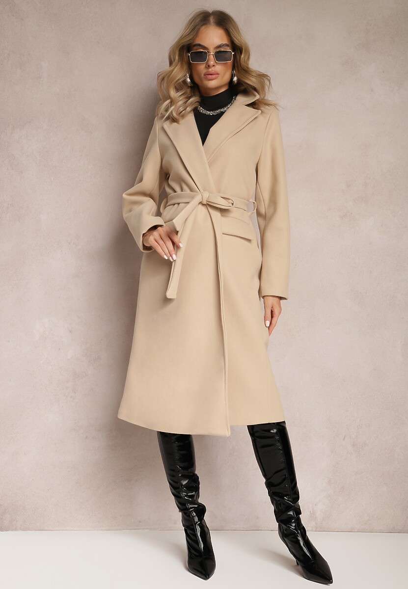Jasnobeżowy Taliowany Płaszcz z Wiązanym Paskiem Seraphique