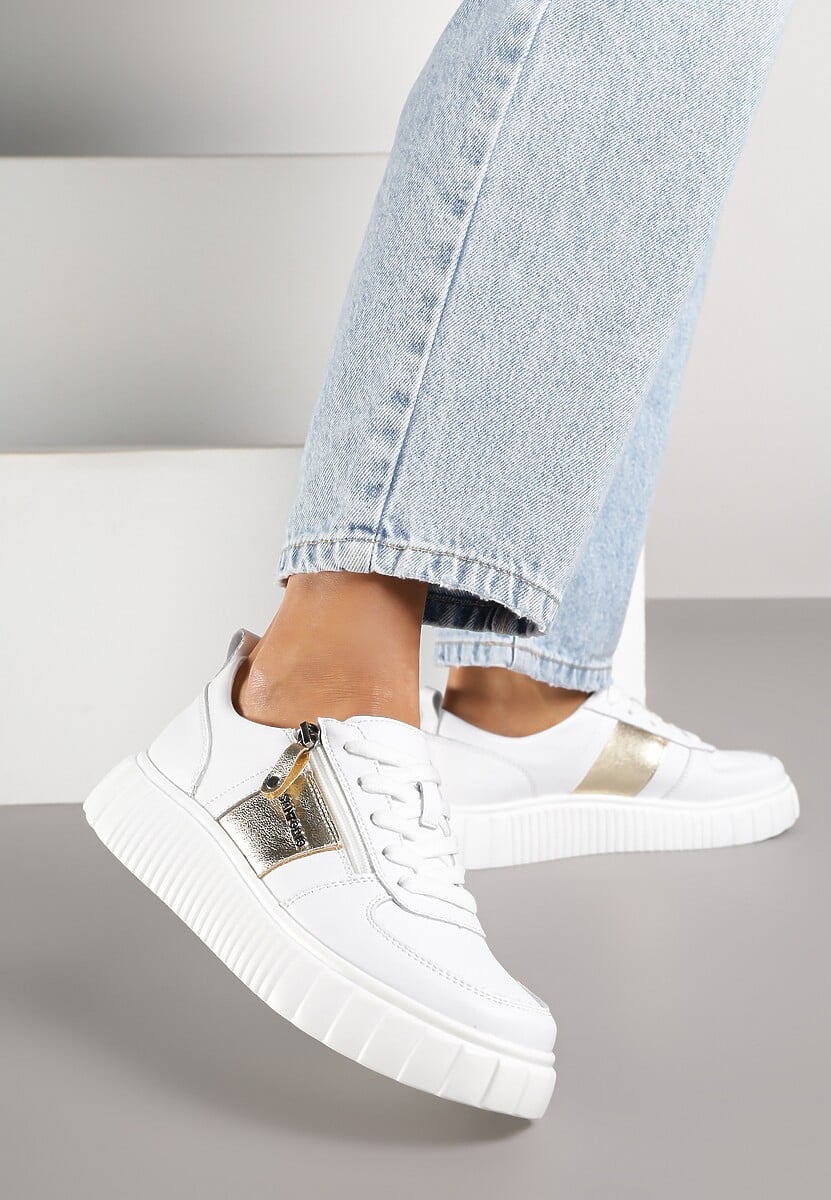 Białe Sneakersy ze Skóry Naturalnej z Metalicznym Zdobieniem Zorentee