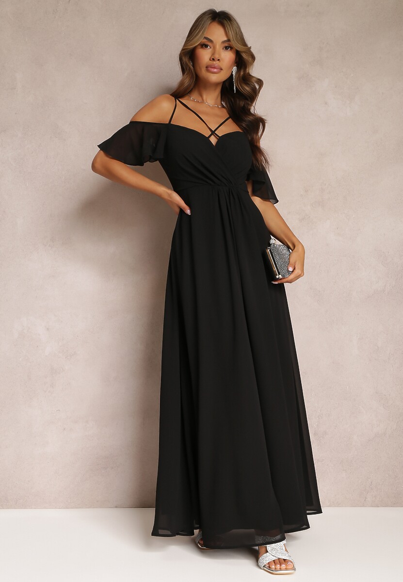 Czarna Rozkloszowana Sukienka Maxi o Kopertowym Fasonie na Cienkich Ramiączkach Burwena