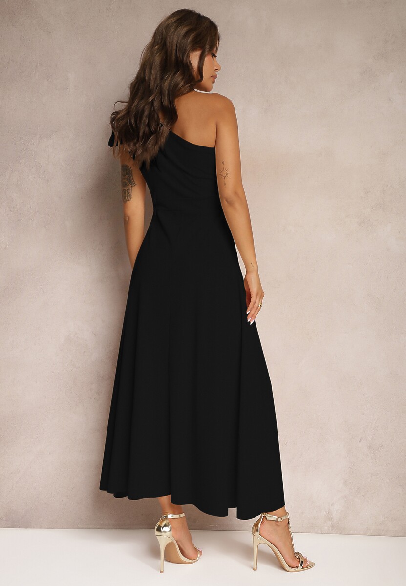 Czarna Sukienka Koktajlowa o Asymetrycznym Kroju na Jedno Ramię Ozdobiona Kokardą Vimorissa