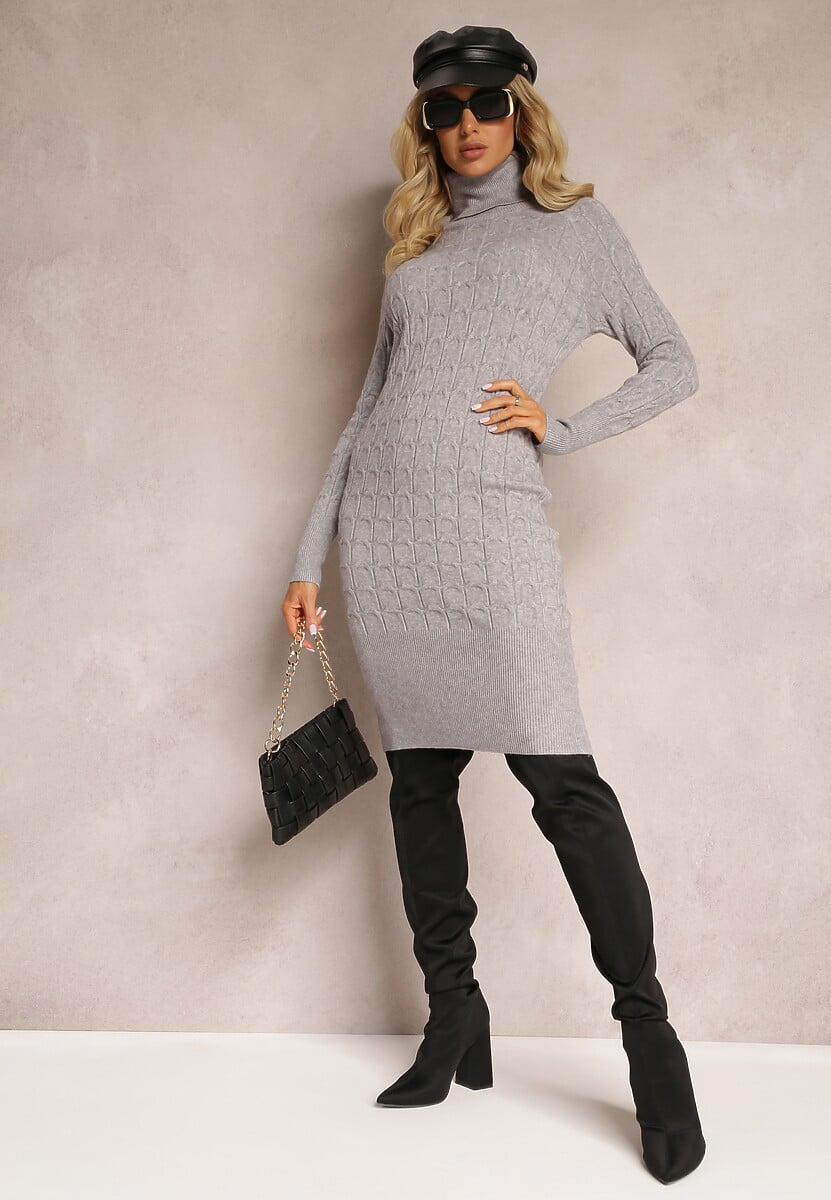 Szara Sukienka Midi ze Sweterkowej Dzianiny z Półgolfem i Ściągaczami Antonime