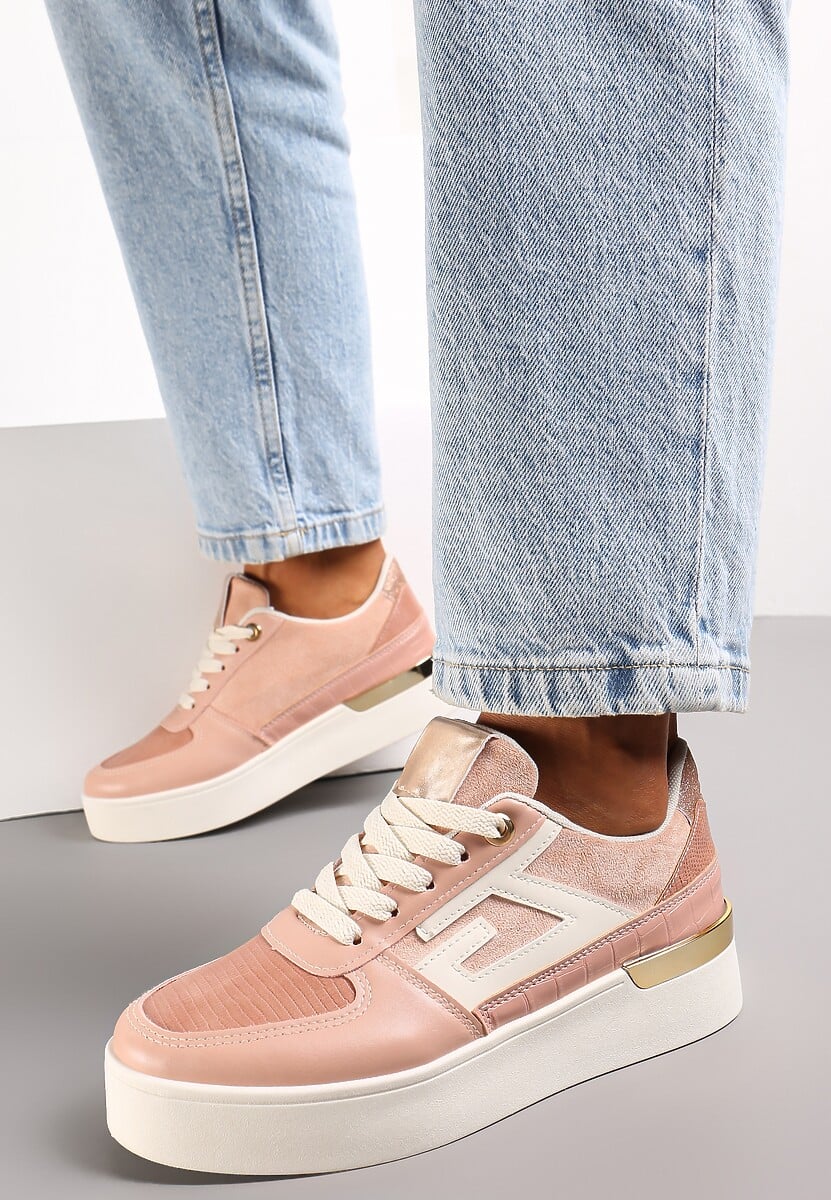 Różowe Sznurowane Sneakersy na Grubej Podeszwie z Metaliczną Wstawką Faeline