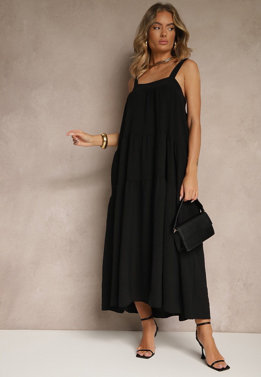 Czarna Rozkloszowana Sukienka Ozdobiona Wiązaniem na Plecach Saviande