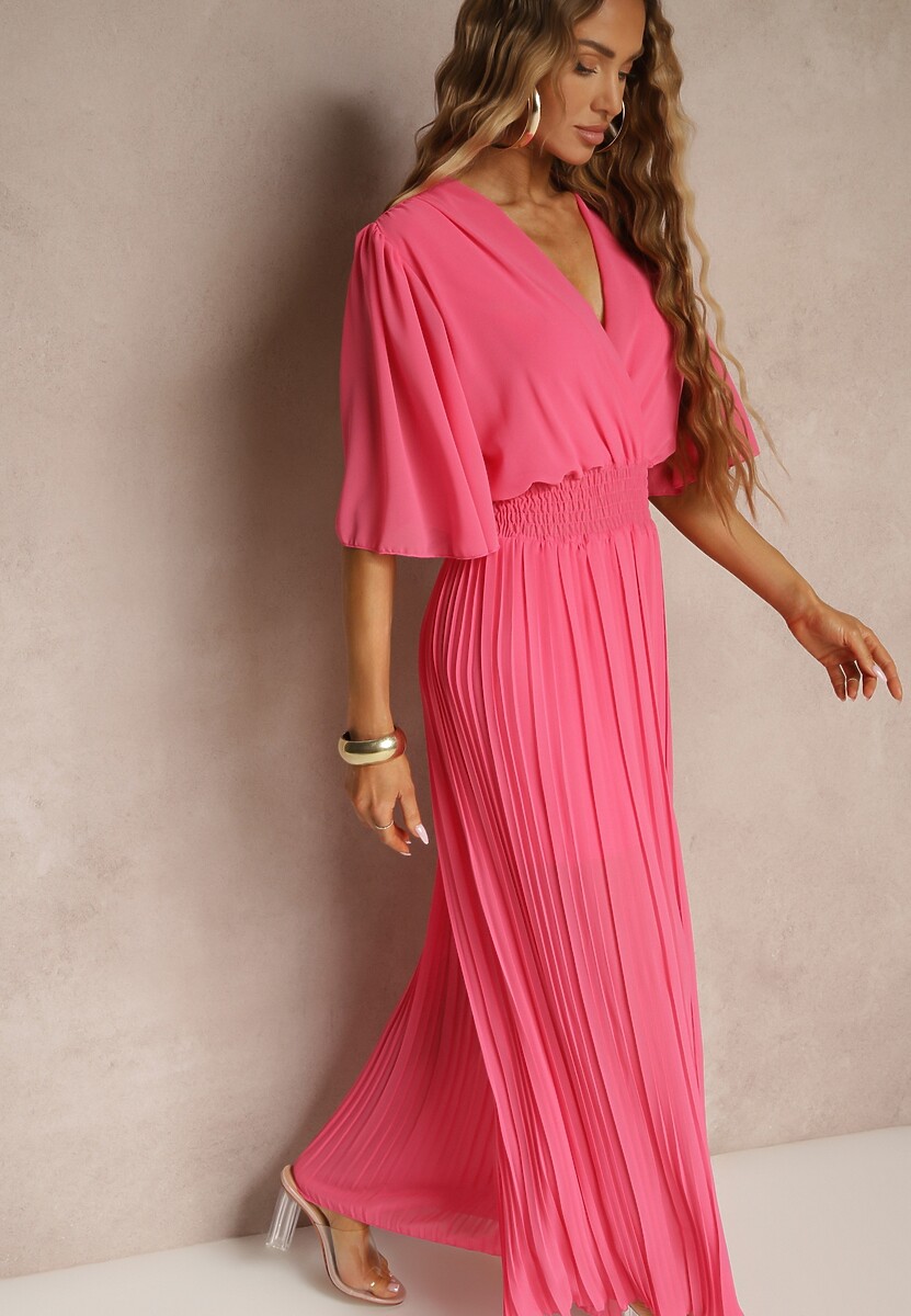 Fuksjowy Kombinezon z Kopertowym Dekoltem i Gumką w Pasie Zdobiony Plisami Amadle