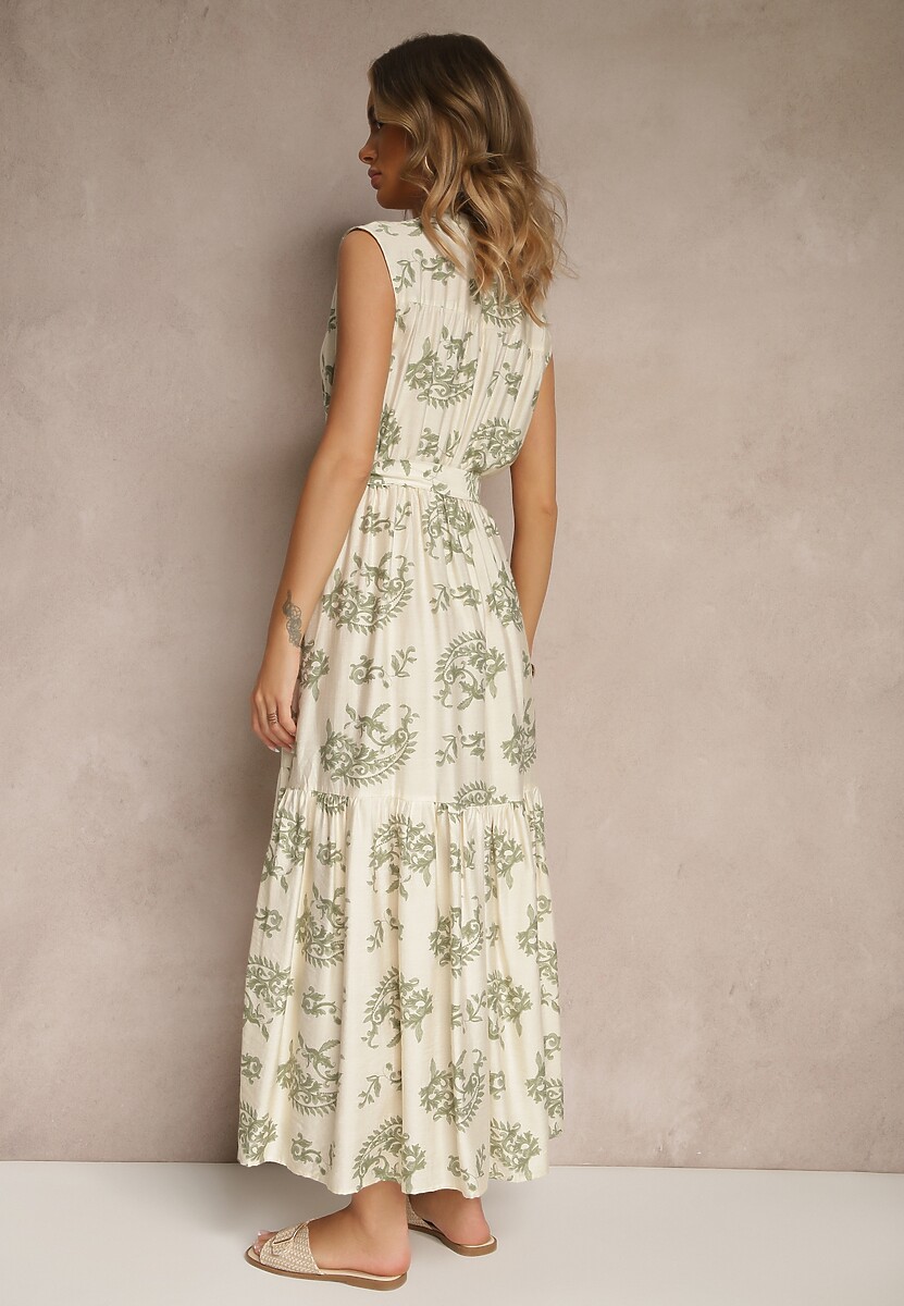 Beżowa-Zielona Sukienka z Wiskozy z Paskiem i Abstrakcyjnym Wzorem Rinalora