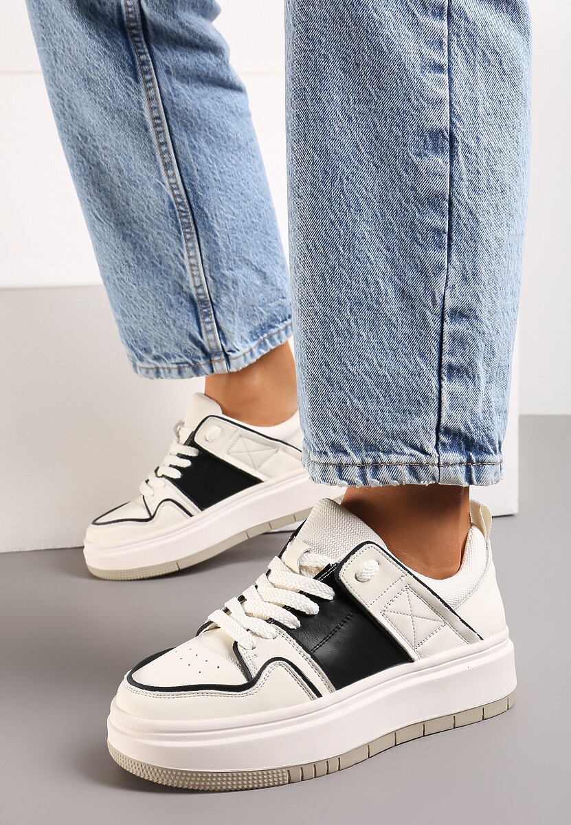 Biało-Czarne Sznurowane Sneakersy ze Skóry z Ozdobnymi Przeszyciami na Niskiej Platformie Glenita