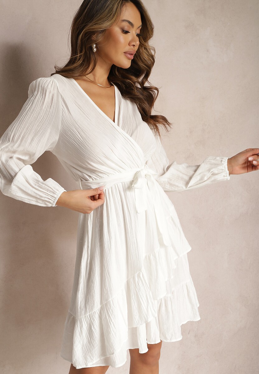 Zielona Rozkloszowana Sukienka Midi z Paskiem w Talii i Kopertowym Dekoltem Gemiora