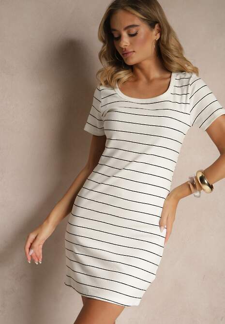 Biała Dopasowana Sukienka z Bawełny z Motywem Pasków Ralessa