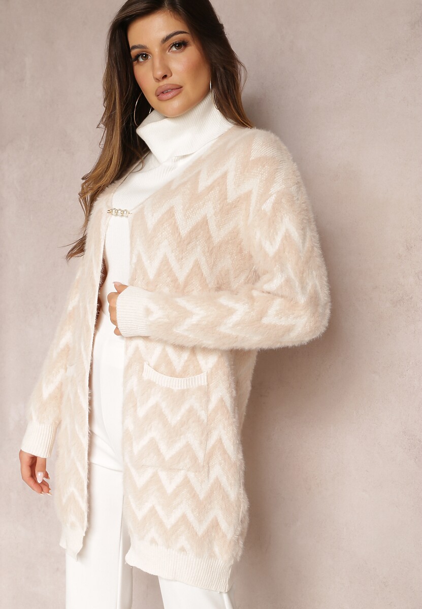 Szary Niezapinany Kardigan o Przedłużonym Fasonie w Zygzaki Chevron Oherna