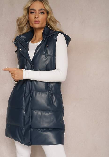 Granatowa Pikowana Kamizelka z Ekoskóry i Kapturem Palermia