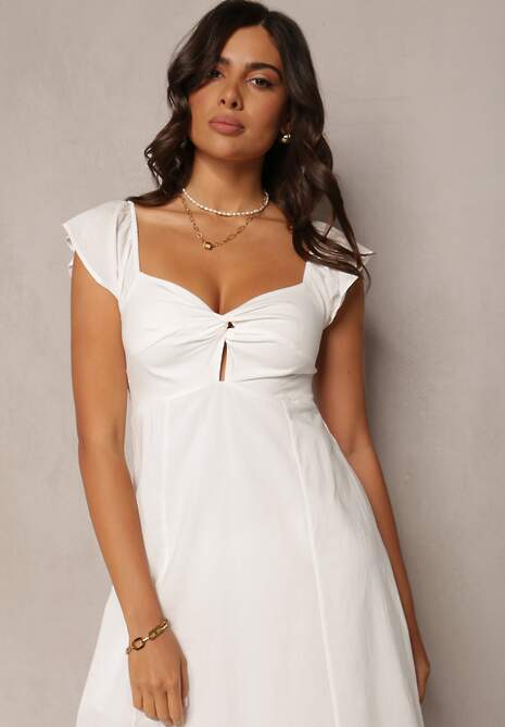 Biała Rozkloszowana Bawełniana Sukienka Mini z Krótkim Rękawem i Wycięciem pod Biustem Tremael